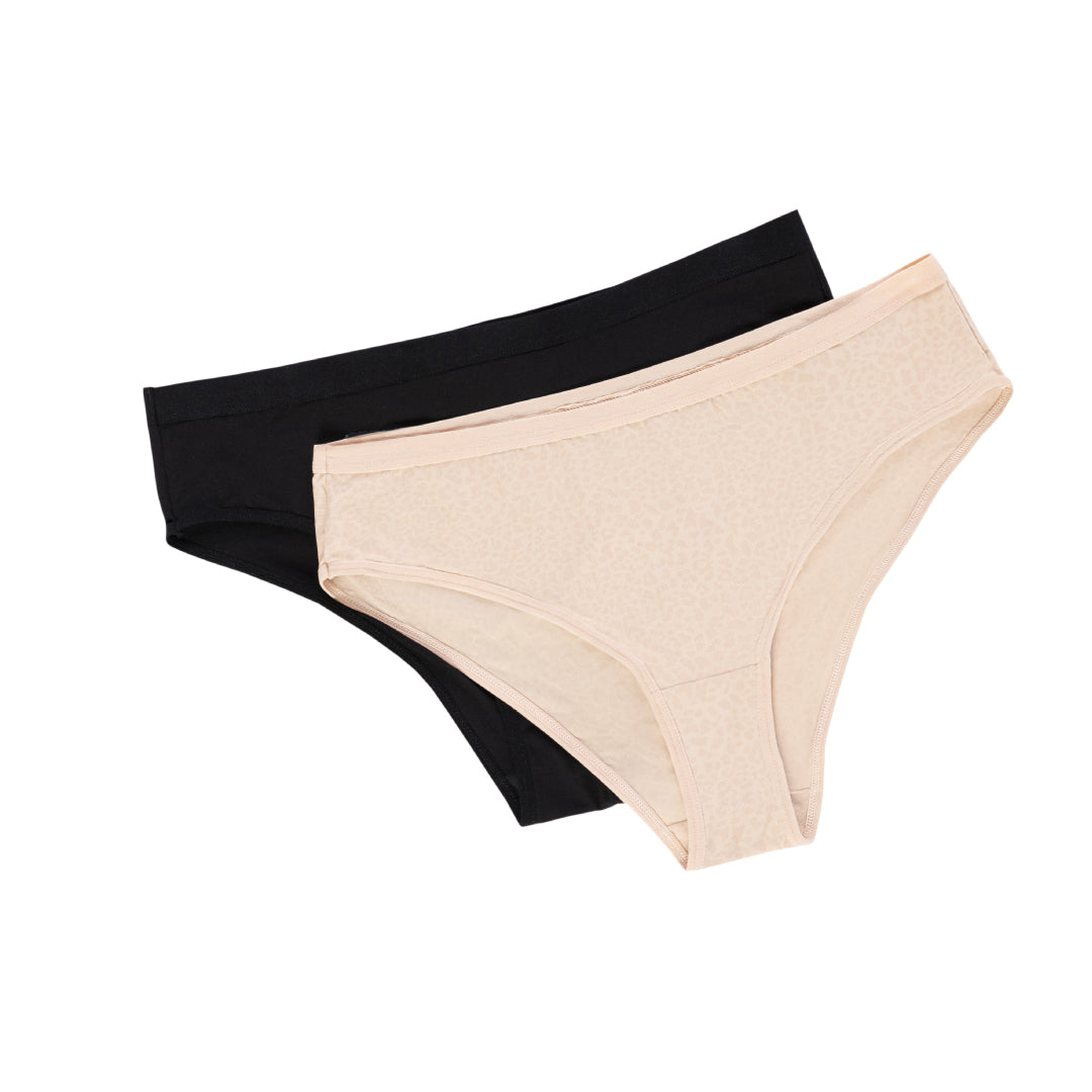 PAQUETE DE PANTIES TIPO BIKINI X2 NEGRO HABANO LEOPARDO