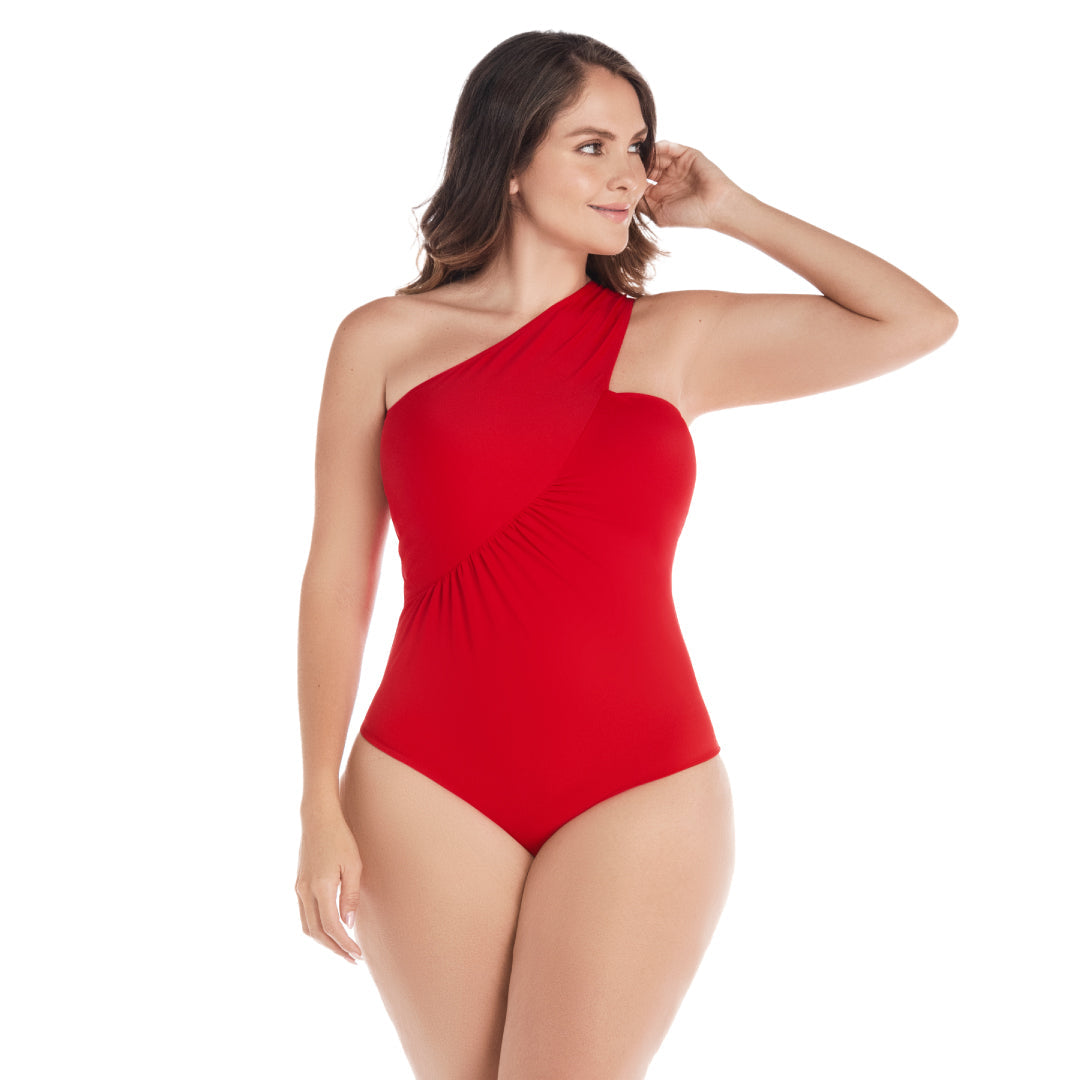 VESTIDO DE BAÑO ENTERO DE UN SOLO HOMBRO ROJO VIBRANTE