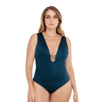 VESTIDO DE BAÑO ENTERO CON HERRAJES EN DELANTERO AZUL LUNAR