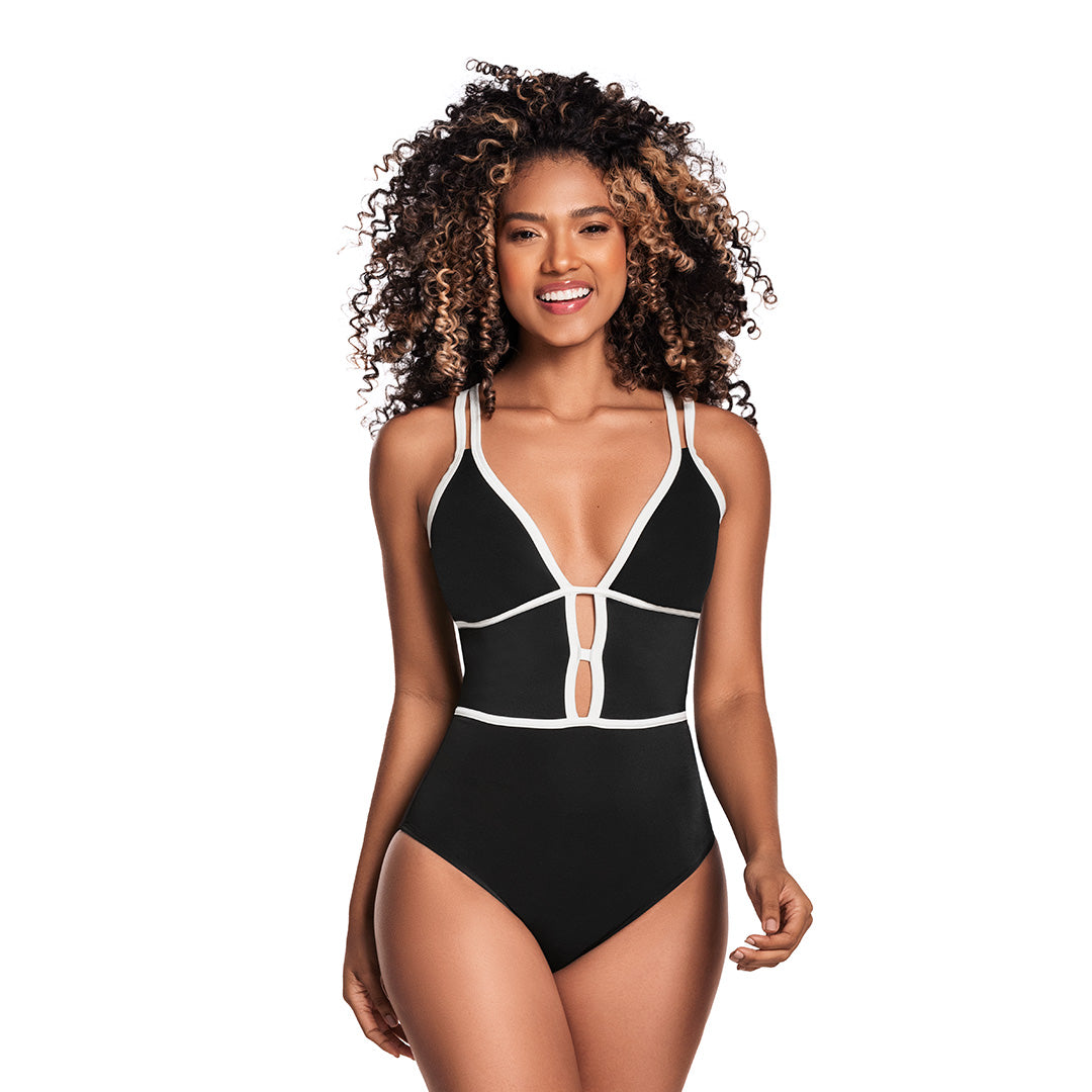 VESTIDO DE BAÑO ENTERO CON ESCOTE EN V NEGRO