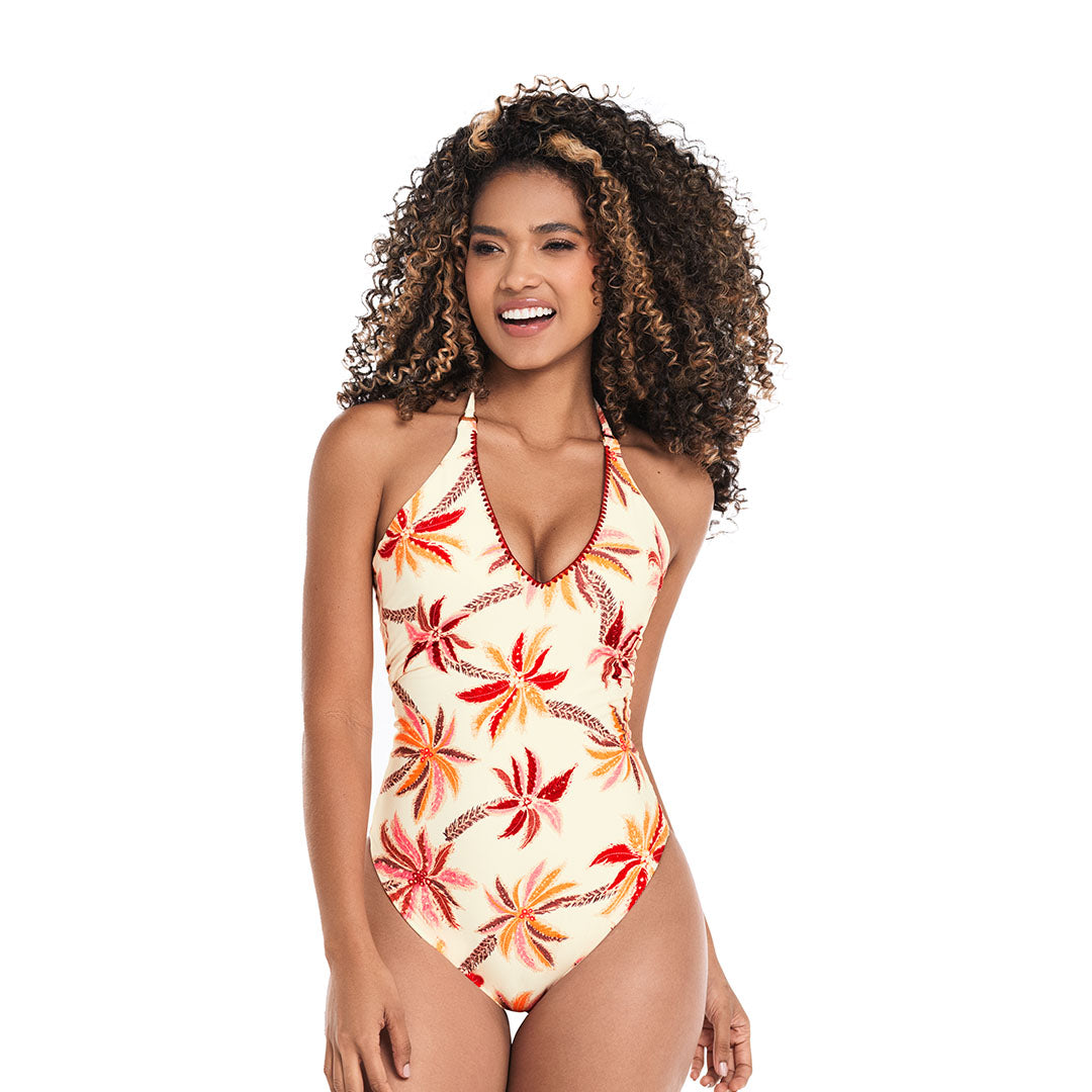 VESTIDO DE BAÑO ENTERO CON COSTURA DECORATIVA VAINILLA TROPICAL