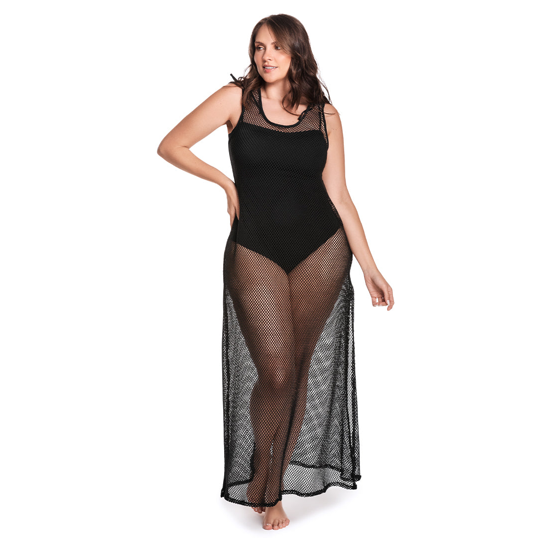 VESTIDO SALIDA DE BAÑO CON MANGA SISA EN MALLA NEGRO