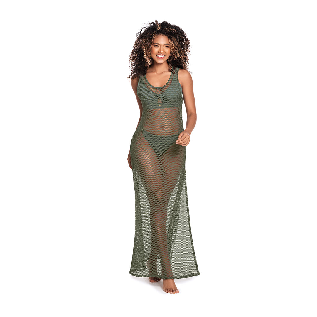 VESTIDO SALIDA DE BAÑO CON MANGA SISA EN MALLA VERDE MANGLAR