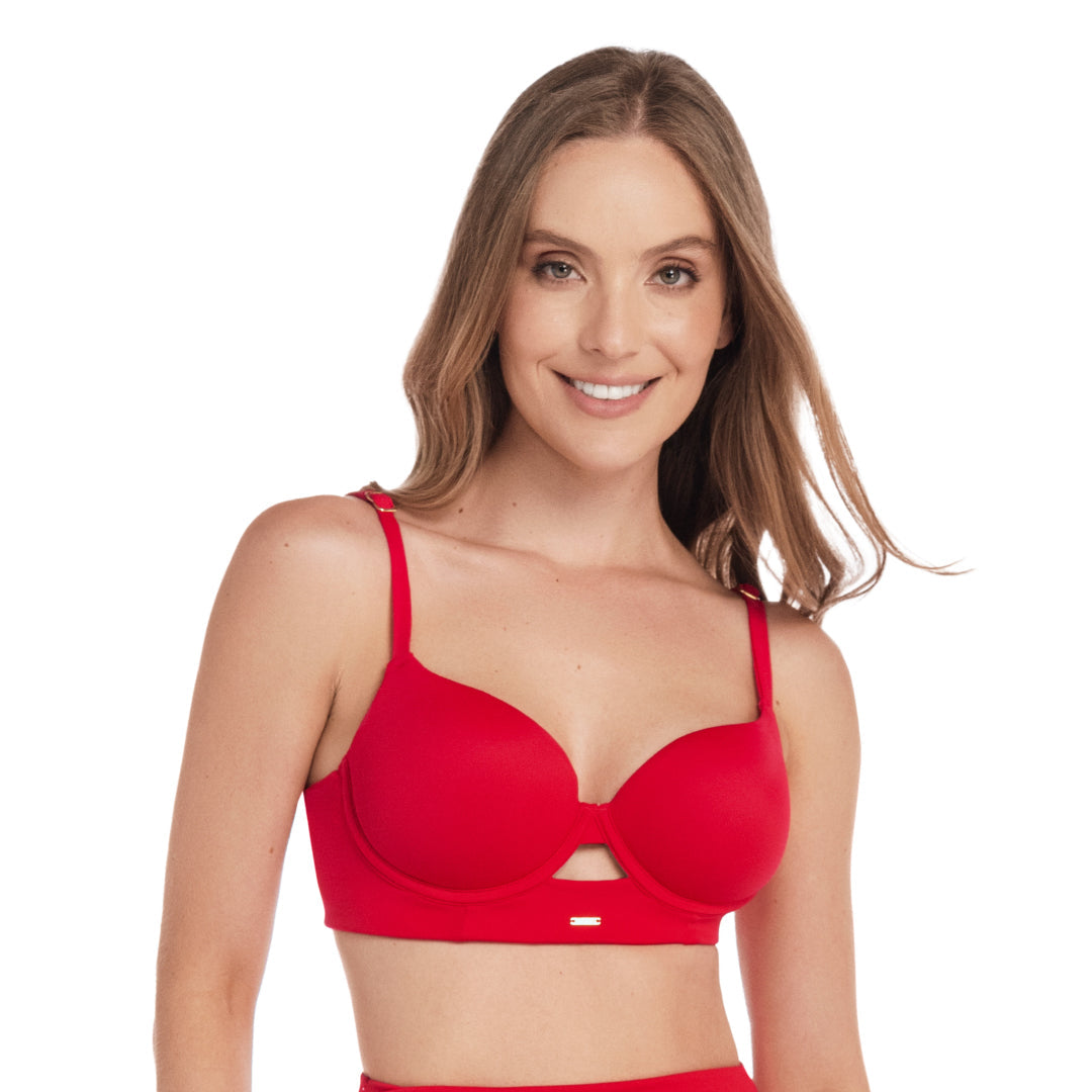 TOP DE VESTIDO DE BAÑO CON COPAS CON REALCE ROJO VIBRANTE